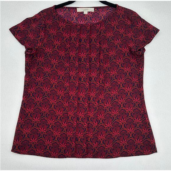 Loft Petites Red Burgundy Floral Round Neck Pleated Front Cap Sleeve Top SP - Picture 3 of 7